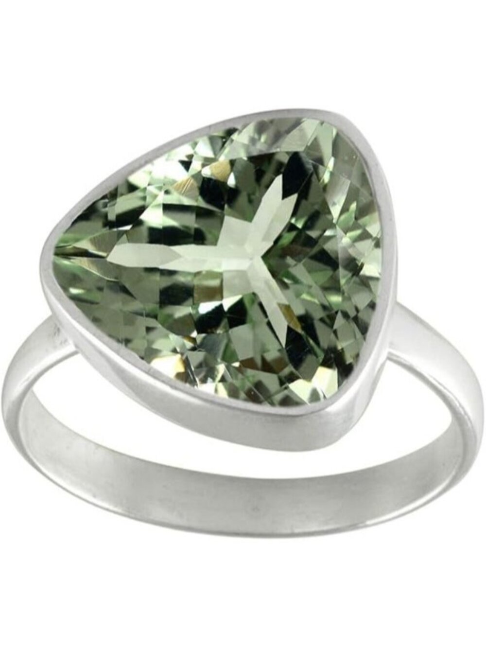 Natural-faceted Green Amethyst Gemstone Ring Trillion Shape Silver Faceted Ring